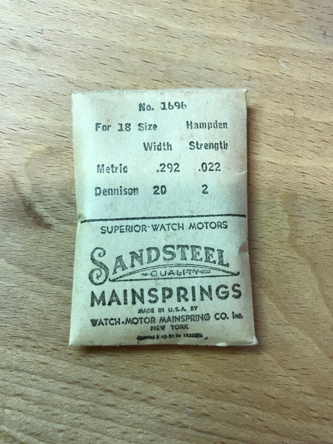 Sandsteel Mainspring for Hampden 18s No.  Factory No. 1696 - Steel