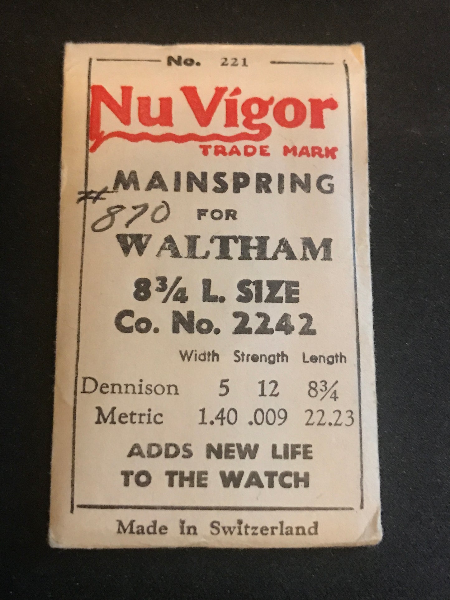 NuVigor Mainspring - Waltham 2242 for 8¾ Ligne Model 870 - Steel