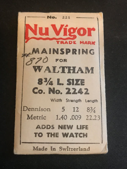 NuVigor Mainspring - Waltham 2242 for 8¾ Ligne Model 870 - Steel