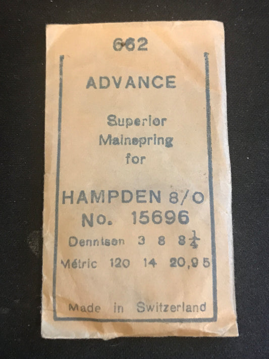 Advance Superior Mainspring #662 for Hampden 8/0s No. 15696 - Steel