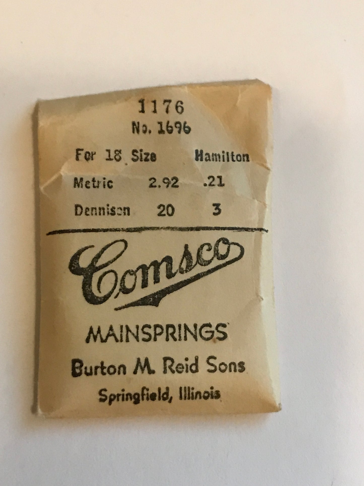 Comsco Mainspring #1176 for Hampden 18s Factory No. 1696 - Steel