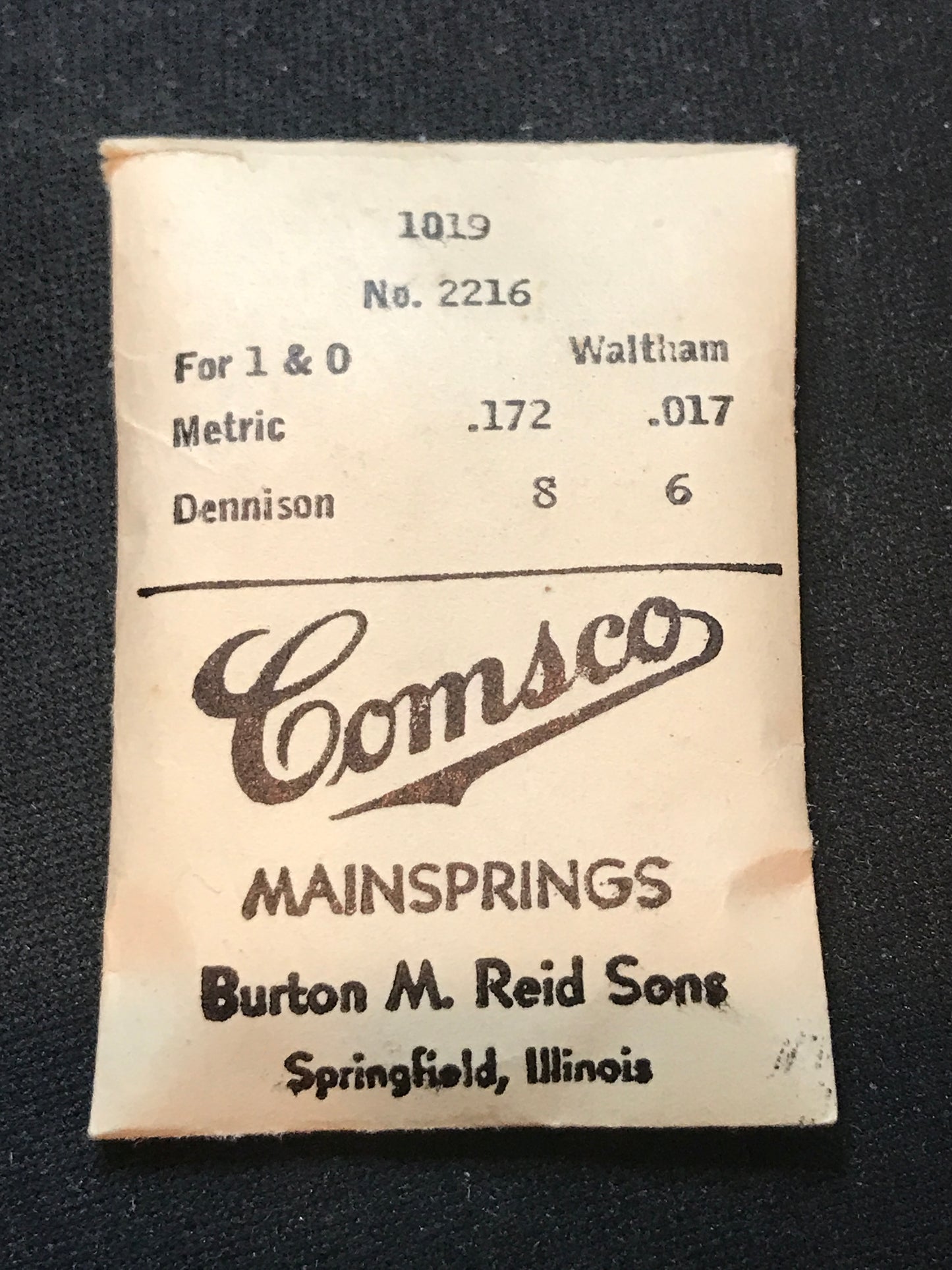 Comsco Mainspring #1019 for Waltham 1s & 0s Factory No. 2216 - Steel