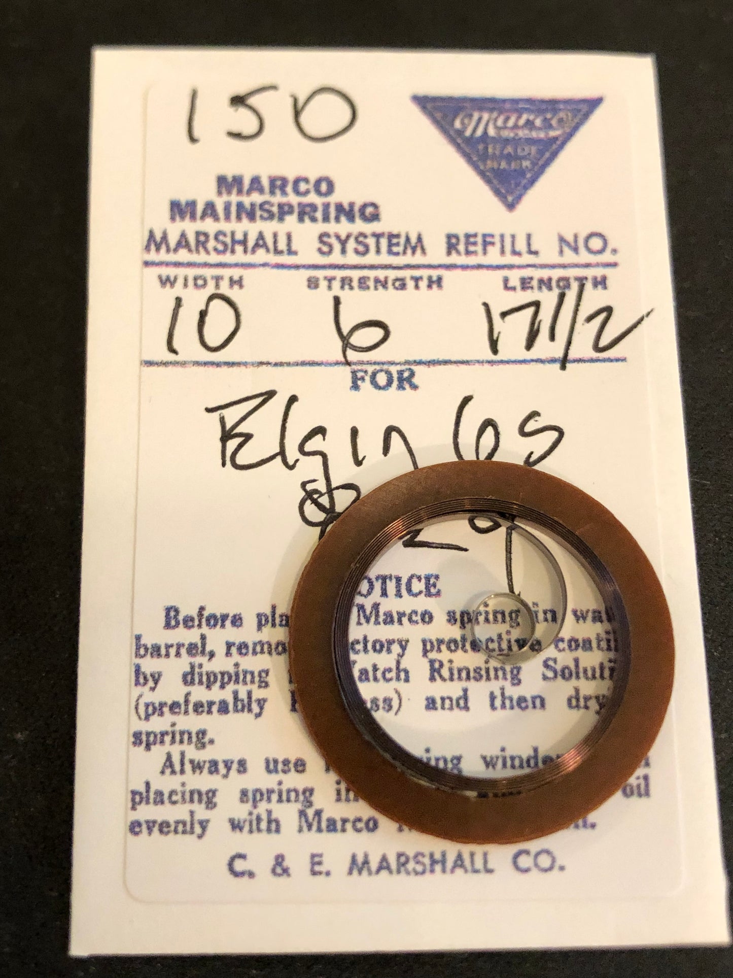 Marco Mainspring #150 for 6s Elgin movements Factory No. 824 - Steel