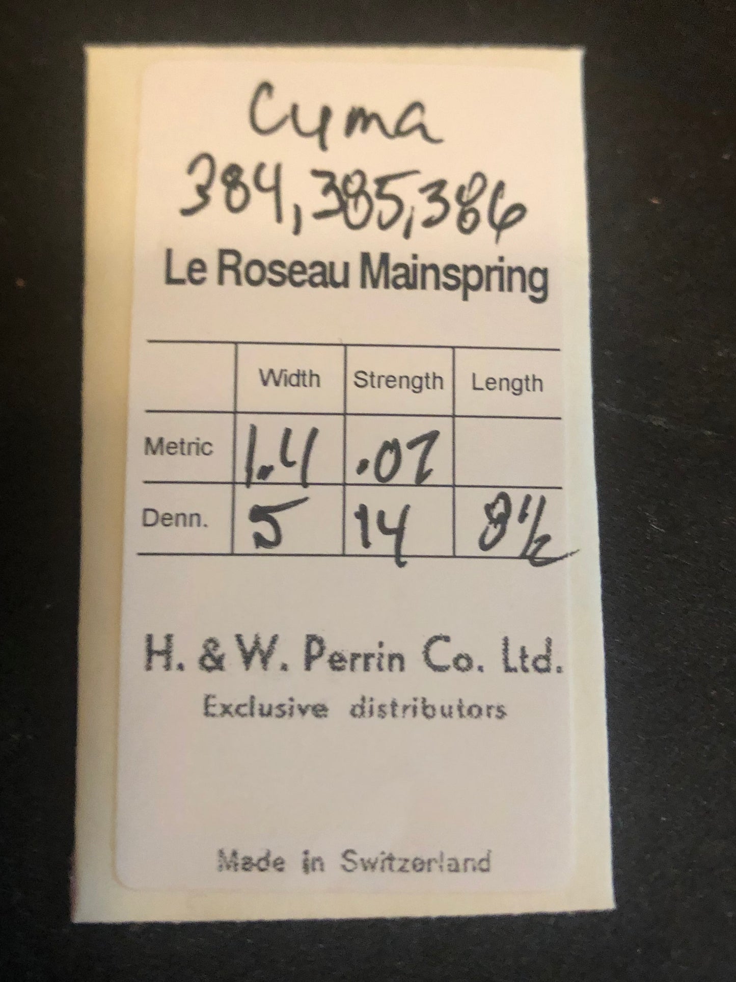 H. & W. Perrin Co. Mainspring for Cyma / Tavannes 384, 385, 386 - Steel