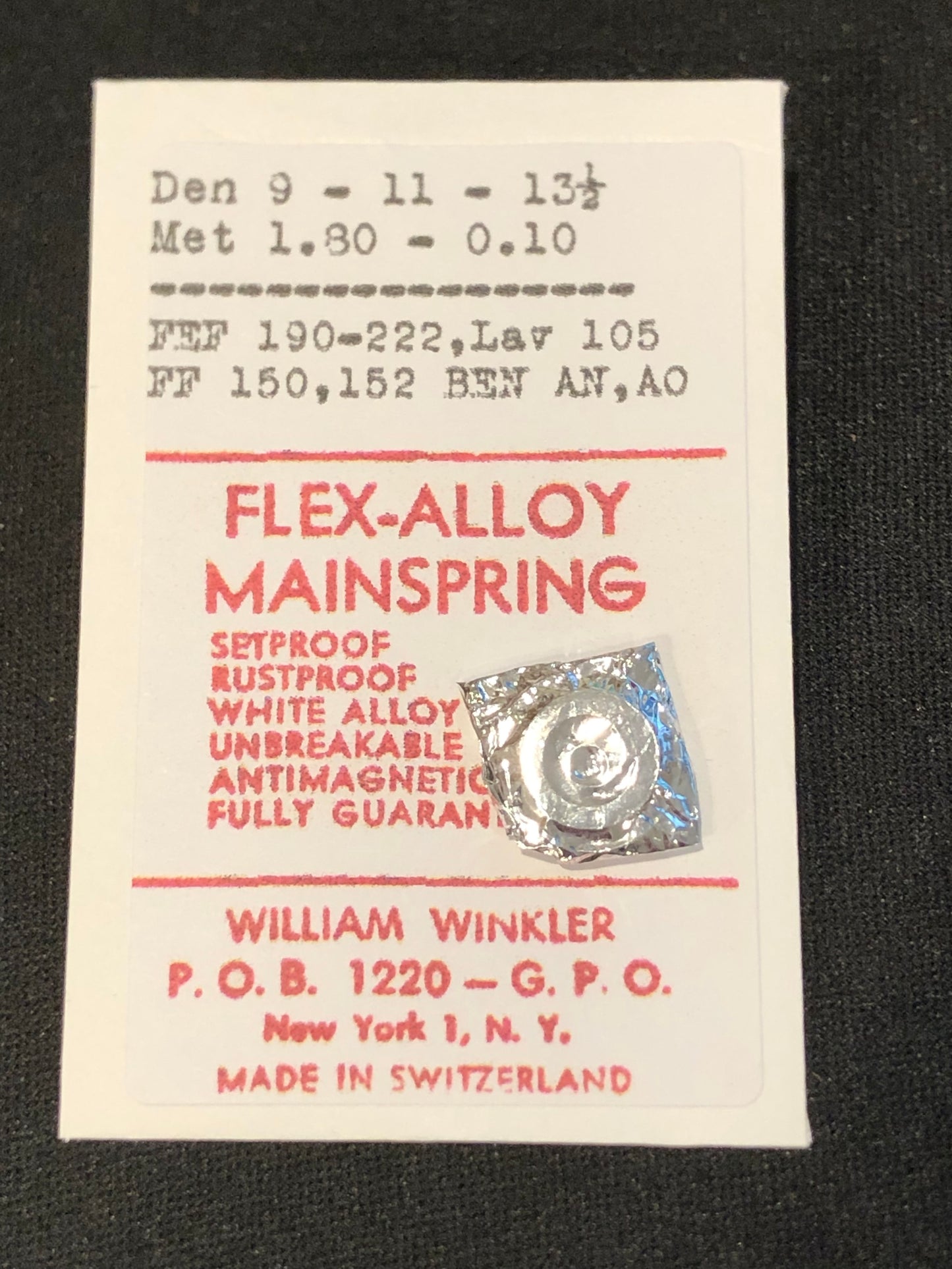 Flex-Alloy Mainspring for FEF 190 - 222, Lavina 105, Font 150, 152 - Alloy