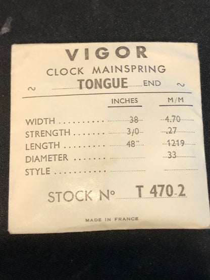 Vigor TONGUE End Clock Mainspring - 38 x 3/0 x 48" Long - T 470-2