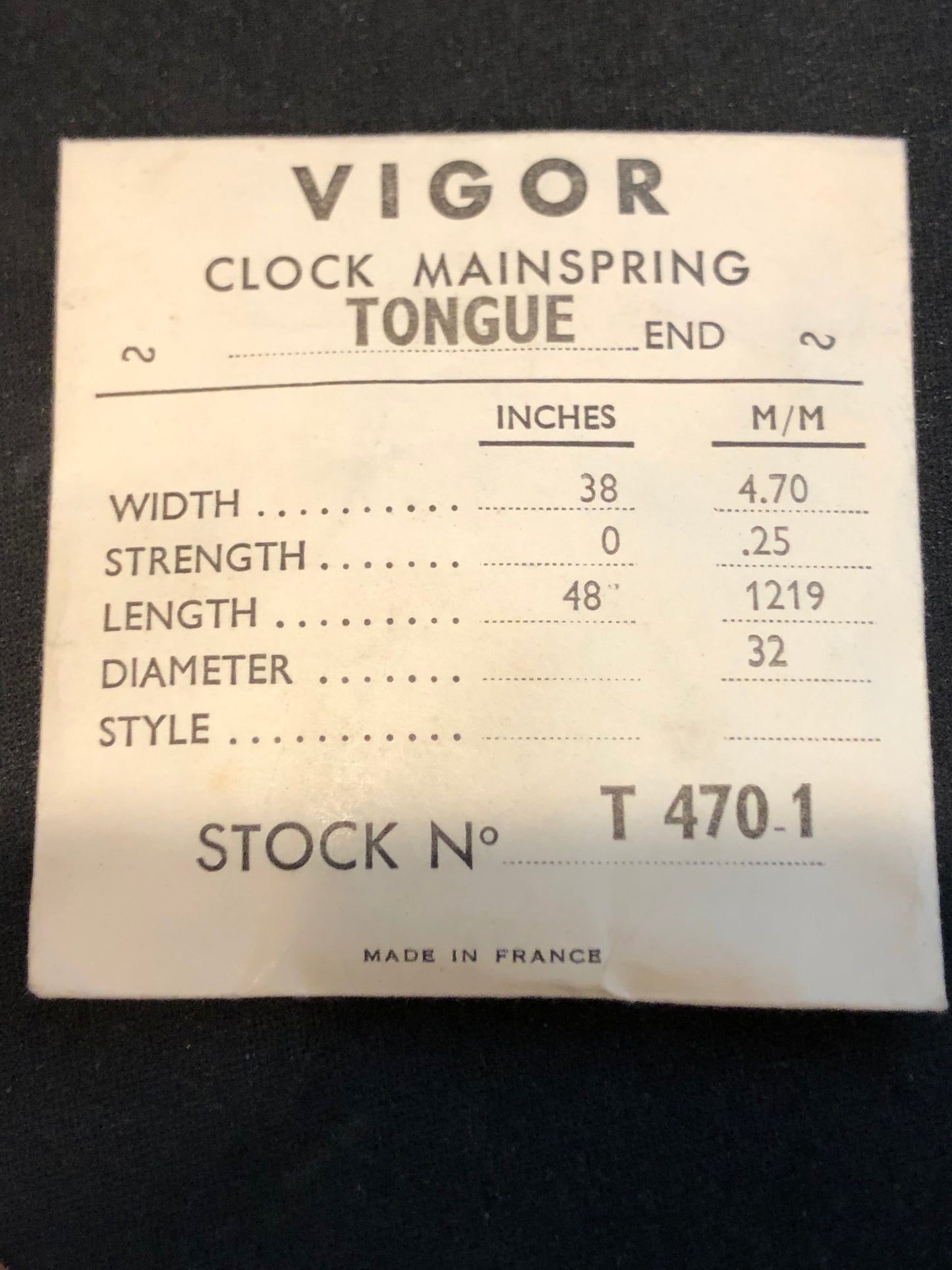 Vigor TONGUE End Clock Mainspring - 38 x 0 x 48" Long - T 470-1