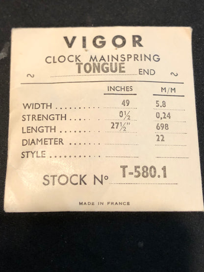 Vigor TONGUE End Clock Mainspring - 49 x 0½ x 27½" Long - T 580.1