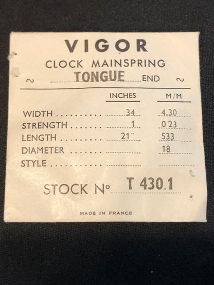 Vigor TONGUE End Clock Mainspring - 34 x 1 x 21" Long - T 430.1