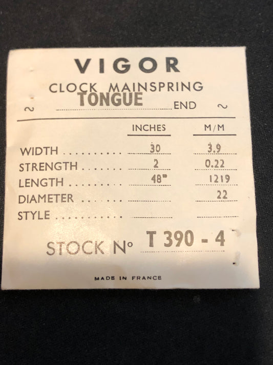 Vigor TONGUE End Clock Mainspring - 30" x 2 x 48" Long - T 390-4