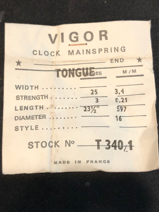Vigor TONGUE End Clock Mainspring - 25 x 3 x 23½" Long - T 340/1
