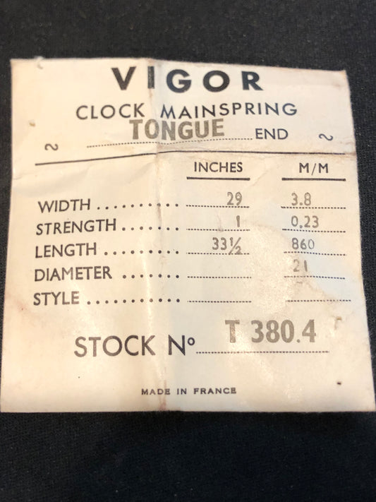 Vigor TONGUE End Clock Mainspring - 29 x 1 x 33½" Long - T 380.4