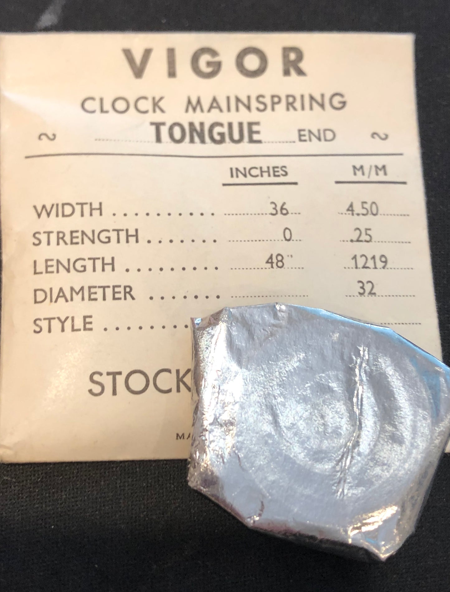 Vigor TONGUE End Clock Mainspring - 36 x 0 x 48" Long - T 450-3