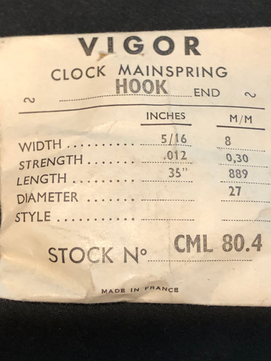 Vigor HOOK End Clock Mainspring - 5/16" x .012" x 35" Long - CML 80.4