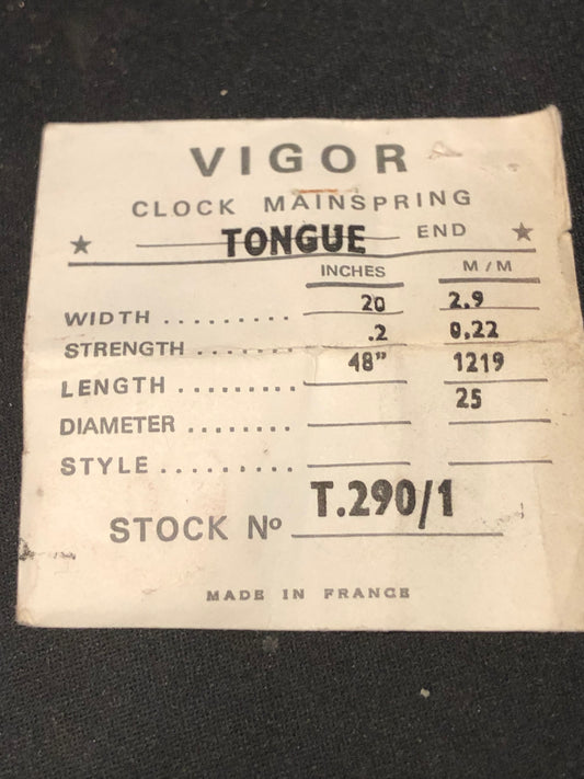 Vigor TONGUE End Clock Mainspring - 20 x .2 x 48" Long - T.290/1