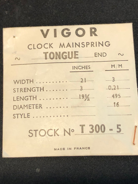 Vigor TONGUE End Clock Mainspring - 21 x 3 x 19½" Long - T 300-5