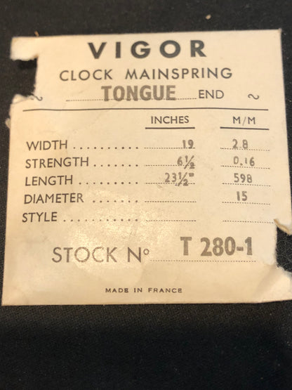 Vigor TONGUE End Clock Mainspring - 19 x 6½ x 23½" Long - T 280-1