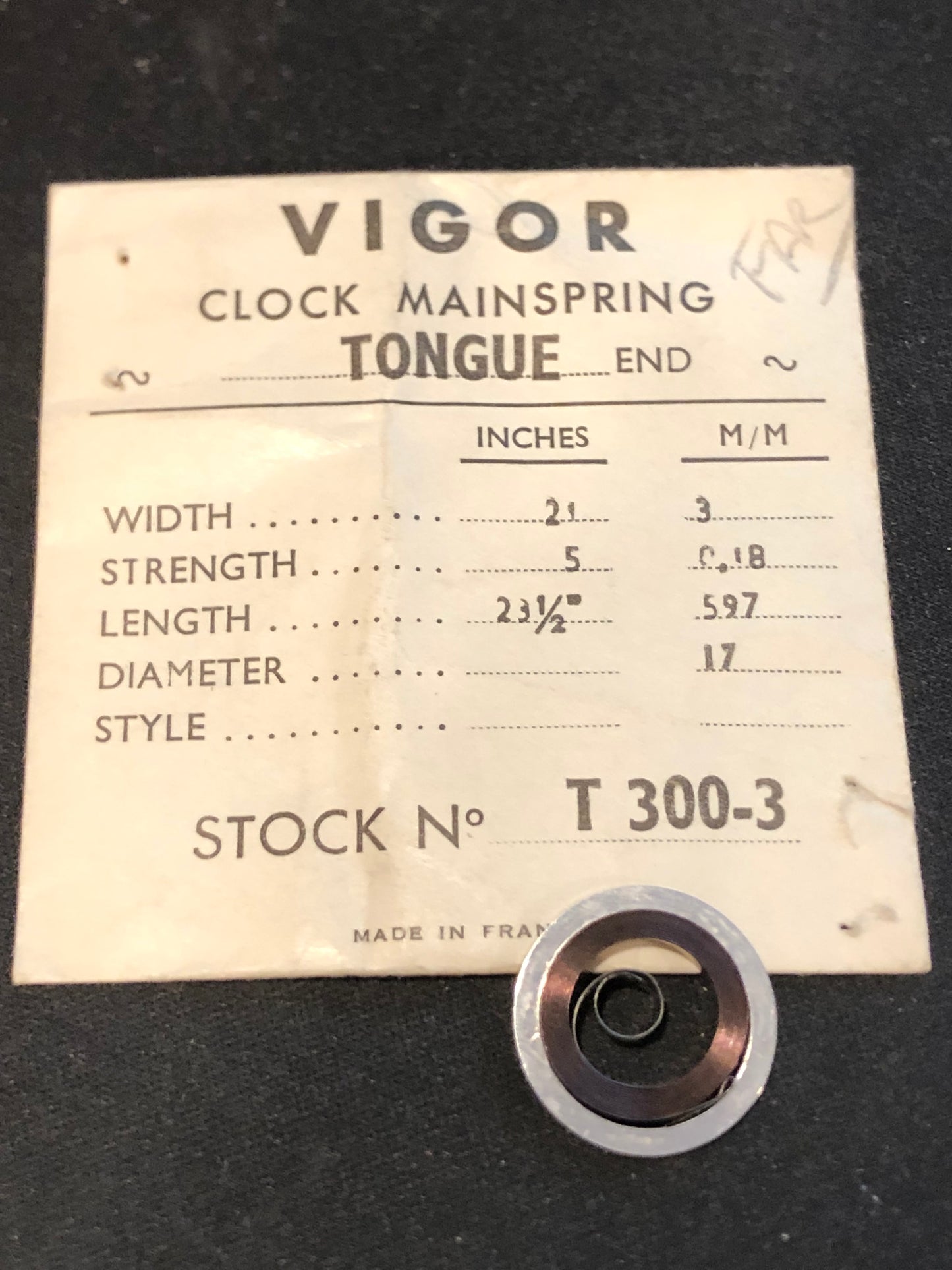 Vigor TONGUE End Clock Mainspring - 21 x 5 x 23½" Long - T 300-3