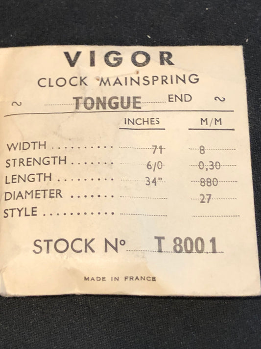 Vigor TONGUE End Clock Mainspring - 71 x 6/0 x 34" Long - T 800.1