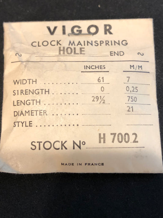 Vigor HOLE End Clock Mainspring - 61 x 0 x 29½" Long - H 700.2