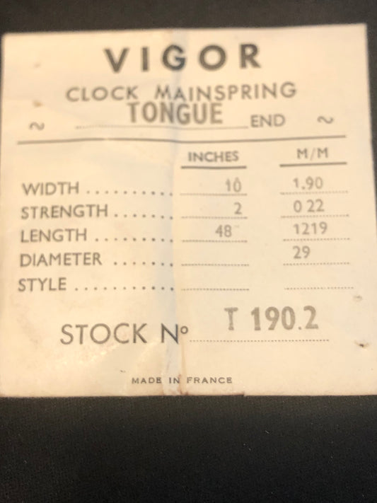Vigor TONGUE End Clock Mainspring - 10 x 2 x 48" Long - T 190.2