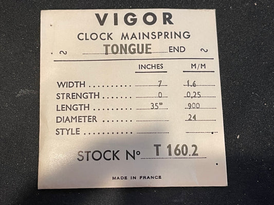 Vigor TONGUE End Clock Mainspring for Jaeger Travel Clock - 7 x 0 x 35" Long - T 160.2