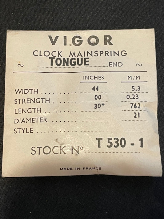 Vigor TONGUE End Clock Mainspring for Angelus, Japy & Jaz Clocks - 44 x 00 x 30" Long - T 530-1