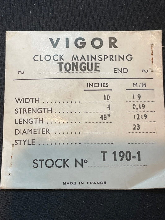 Vigor TONGUE End Clock Mainspring - 10 x 4 x 48" Long - T 190-1