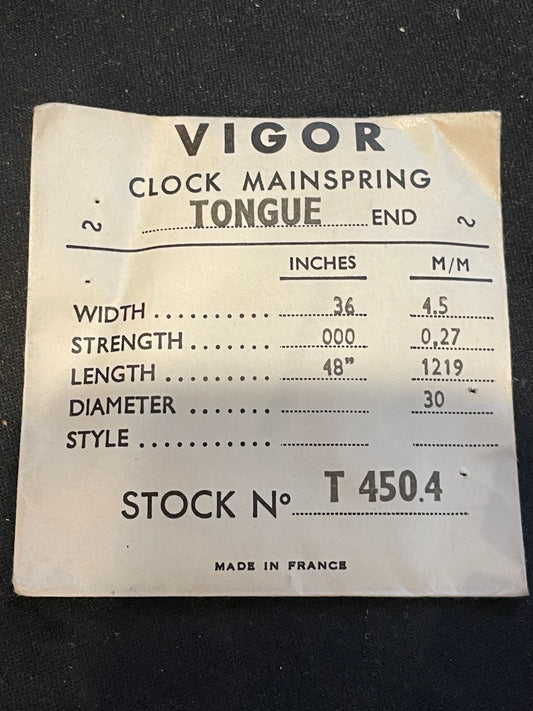 Vigor TONGUE End Clock Mainspring - 36 x 000 x 48" Long - T 450.4