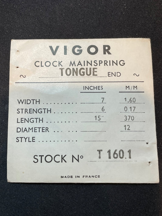 Vigor TONGUE End Clock Mainspring for Luxor Travel Clock - 7 x 6 x 15" Long - T 160.1