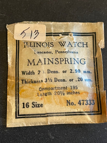 Illinois Factory Mainspring Factory No. 47333 for 16s movements - Steel