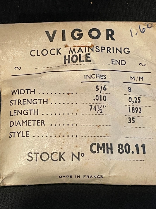 Vigor HOLE End Clock Mainspring - 5/16" x .010" x 74½" Long - CMH 80.11