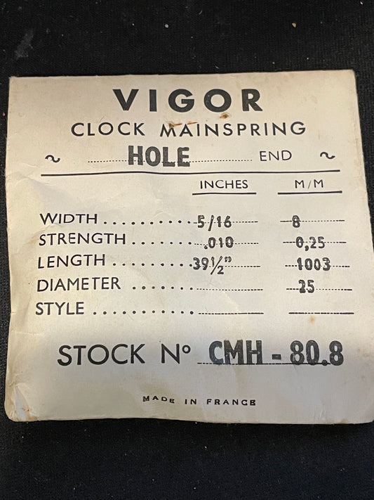 Vigor HOLE End Clock Mainspring - 5/16" x .010" x 39½" Long - CMH 80.8