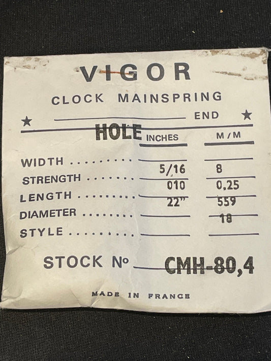 Vigor HOLE End Clock Mainspring - 5/16" x .010" x 22" Long - CMH 80.4