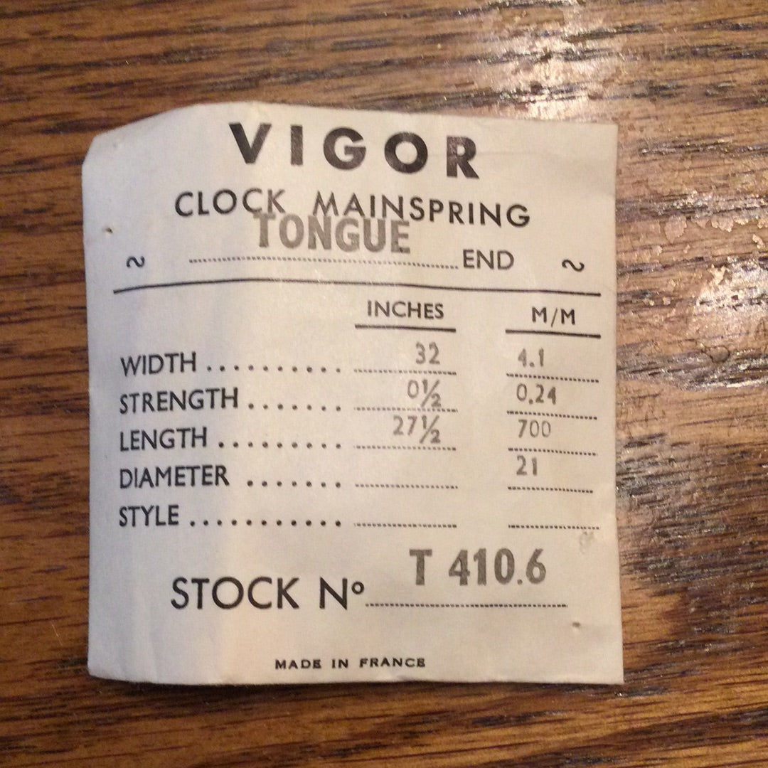 Vigor TONGUE End Clock Mainspring - 32 x 0½ x 27½ Long - T.410.6