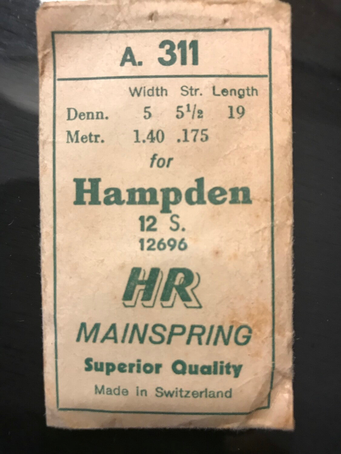 HR Mainspring A311 for 12s Hampden Factory No. 12696 - Steel