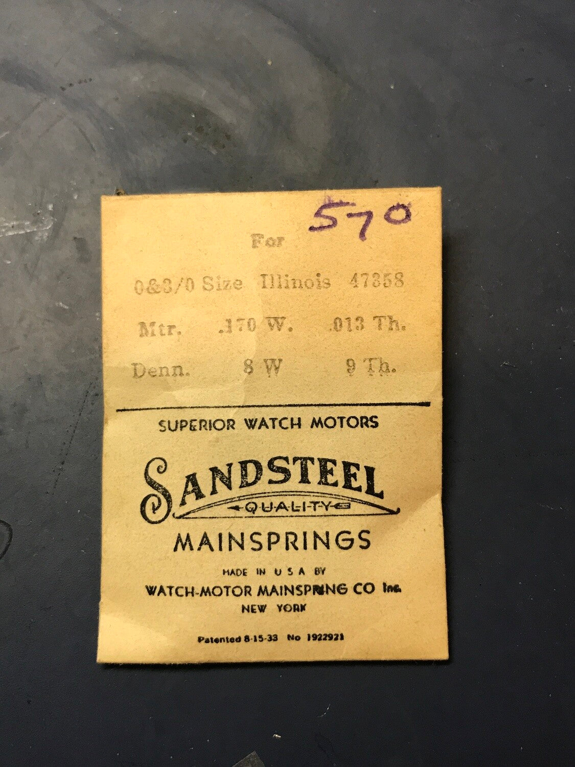 Sandsteel Mainspring for Illinois 0s & 3/0s Factory No. 47358 - Steel