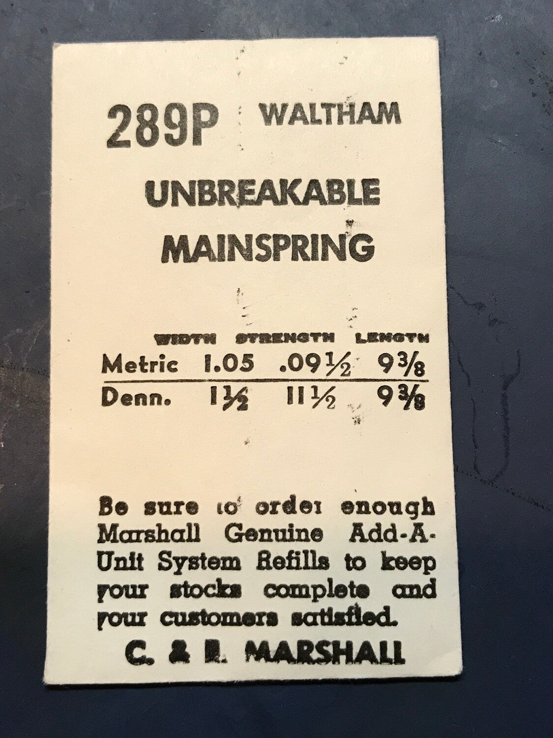 C&E arshall Mainspring 289P for Waltham 6½L movements No. 2239 / 2272 - Alloy