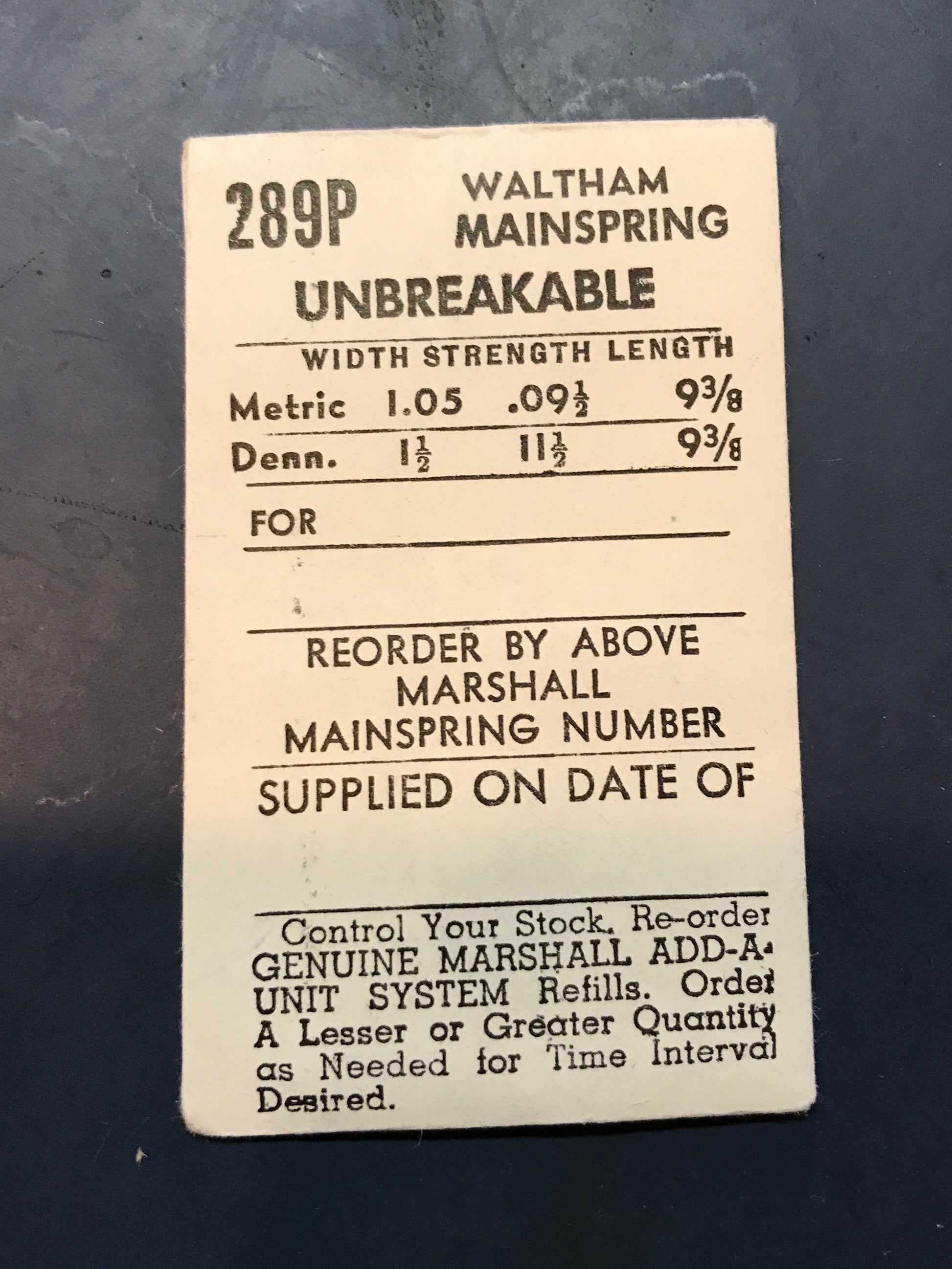 C&E arshall Mainspring 289P for Waltham 6½L movements No. 2239 / 2272 - Alloy
