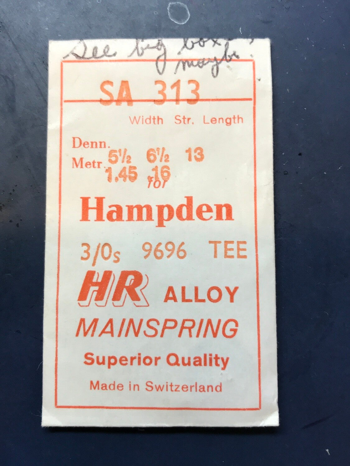 HR Mainspring SA313 for 3/0s Hampden Factory No. 9696 - Alloy