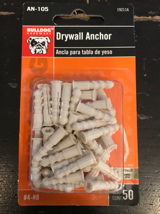 BULLDOG #4 - #8 Drywall Anchors, Qty 50 - New in package
