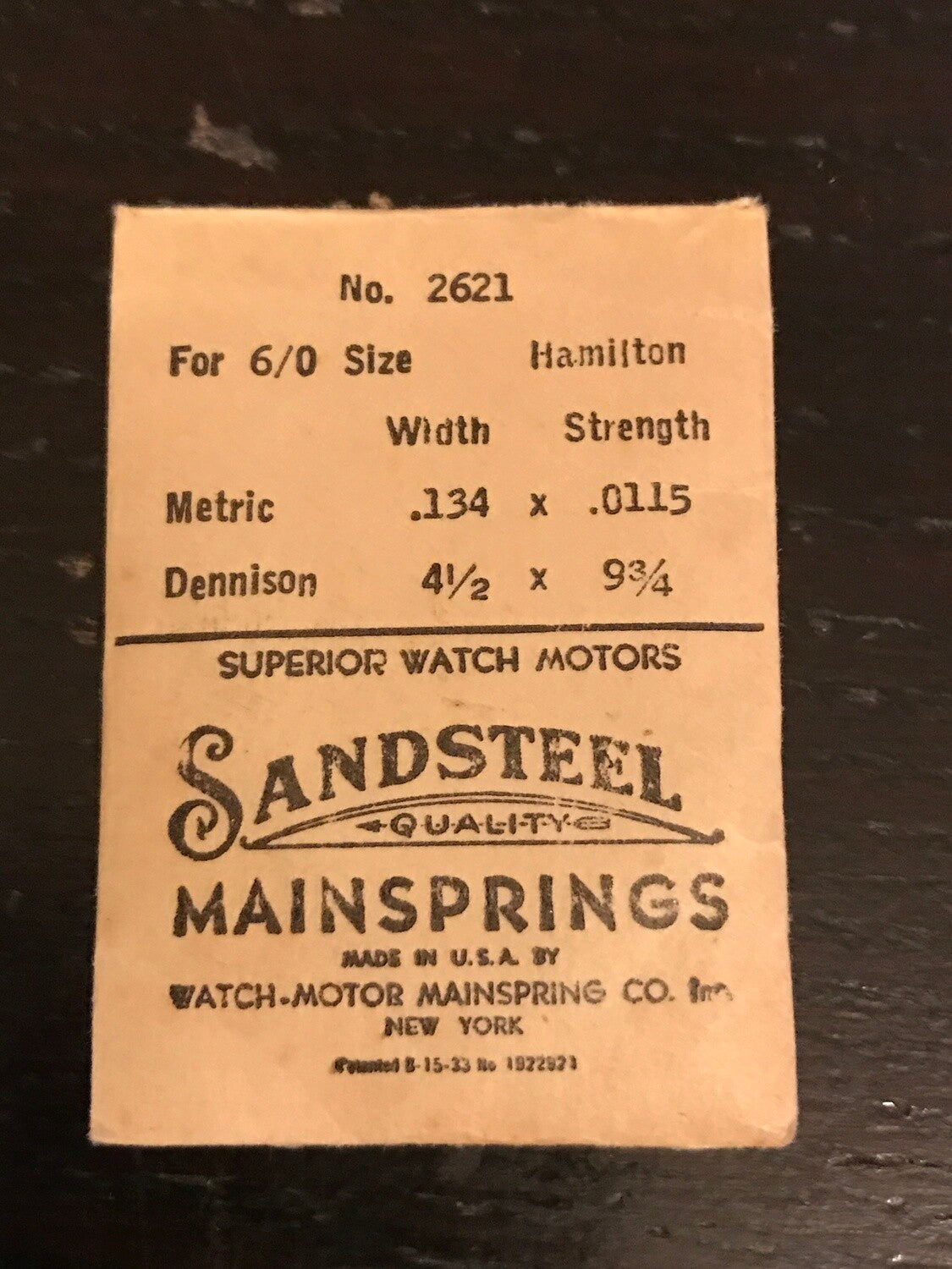 Sandsteel Mainspring for Hamilton 6/0s Factory No. 2621- Steel