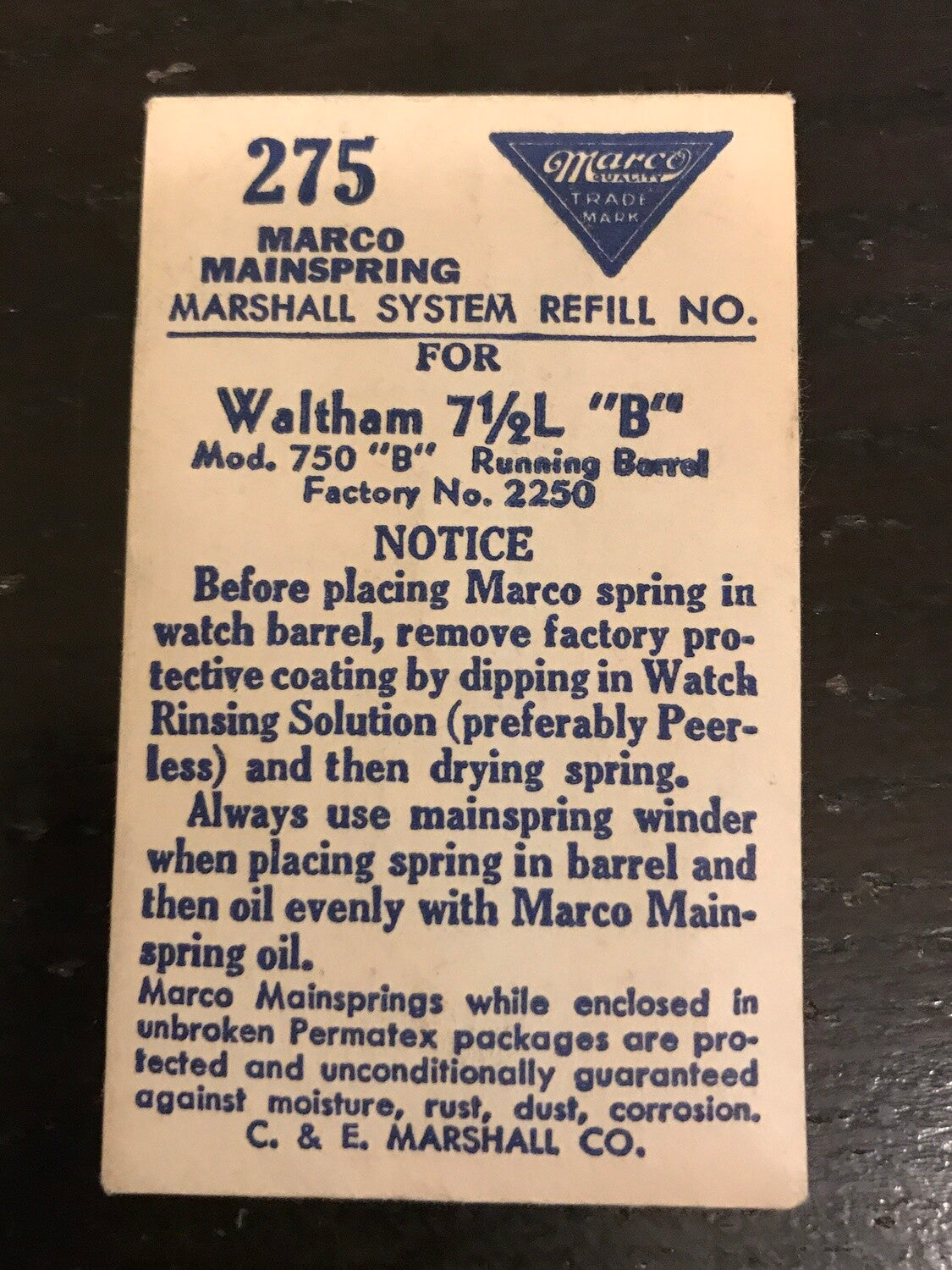 Marco Mainspring #275 for Waltham 7½ ligne Model 750B No. 2250 - Steel