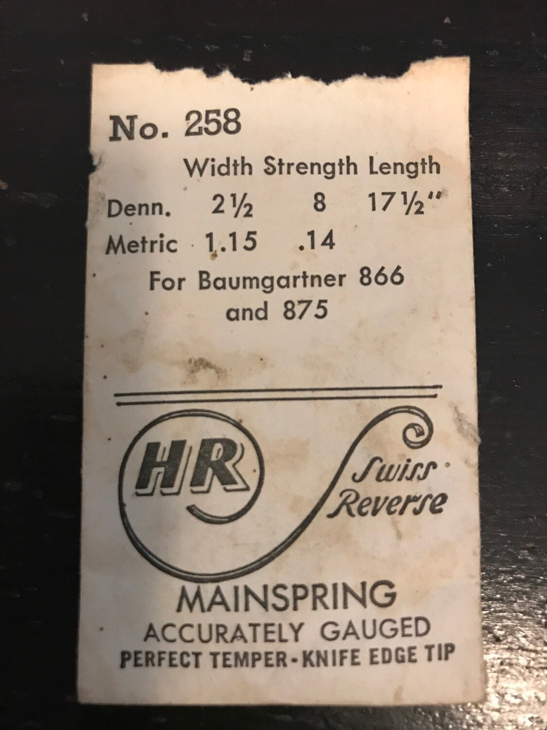 HR Mainspring No. 258 for Baumgartner 866, 875 - Steel