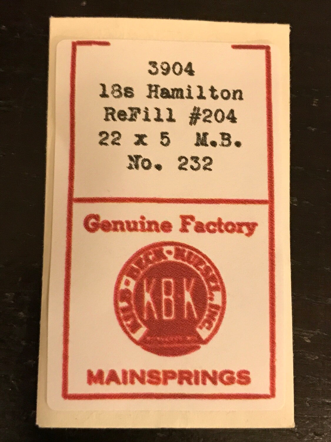 KBK Mainspring #3904 for Hamilton 18s Factory No. 232 - Steel