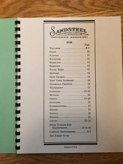 Sandsteel Quality Mainsprings Catalog No. 12 from 1944 - reprint