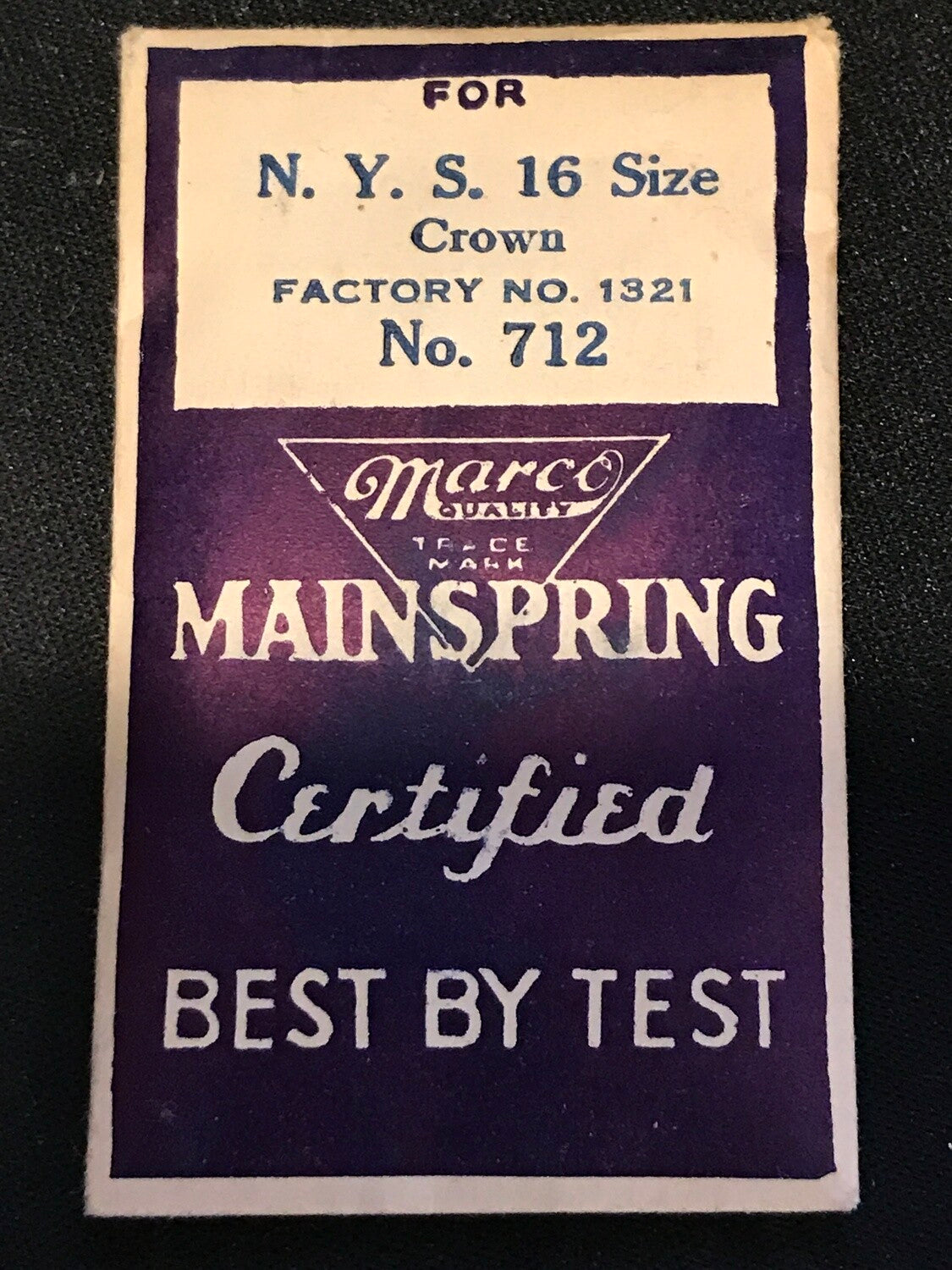 Marco Mainspring #712 for 16s N.Y. Standard Factory No. 1321 - Steel
