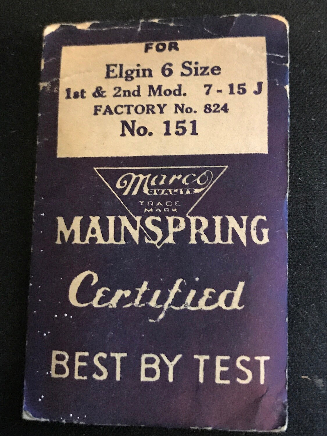 Marco Mainspring #151 for 6s Elgin movements Factory No. 824 - Steel
