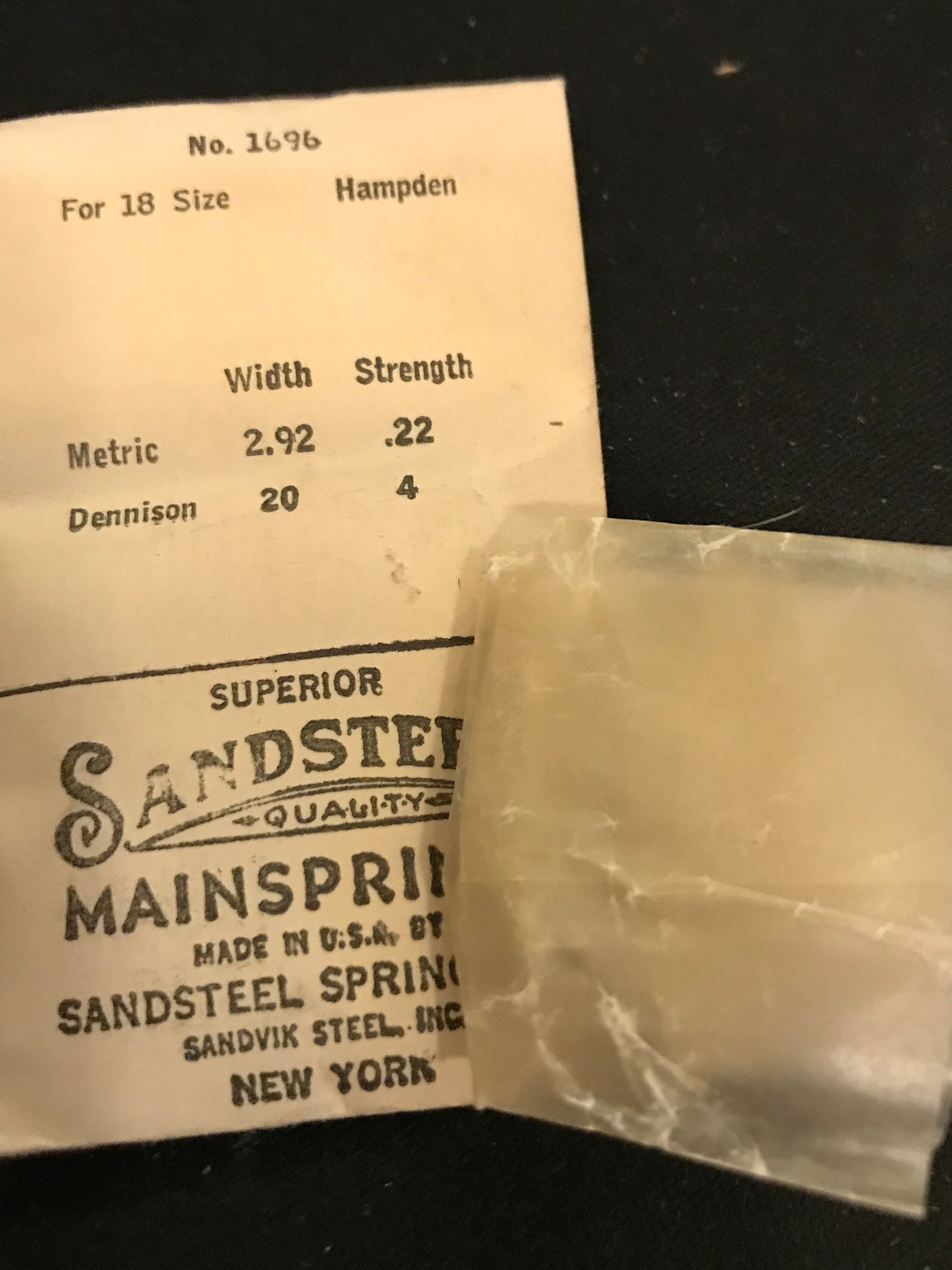 Sandsteel Mainspring for Hampden 18s No.  Factory No. 1696 - Steel