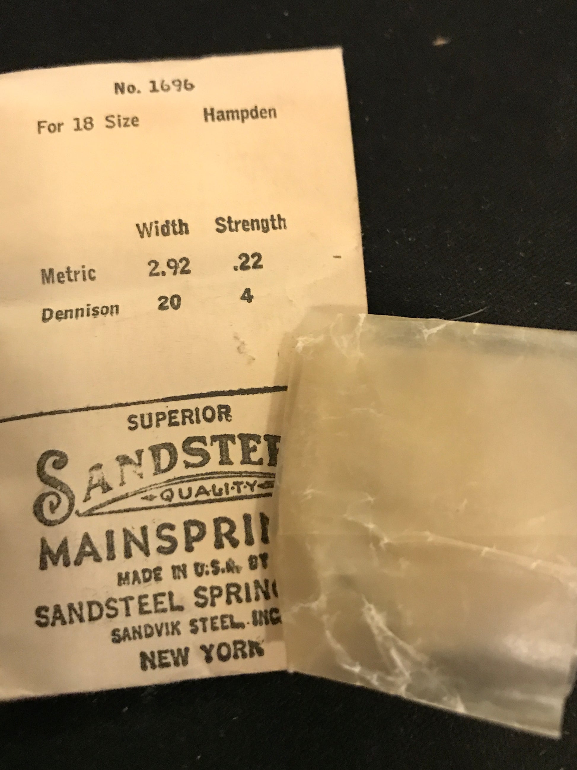 Sandsteel Mainspring for Hampden 18s No.  Factory No. 1696 - Steel